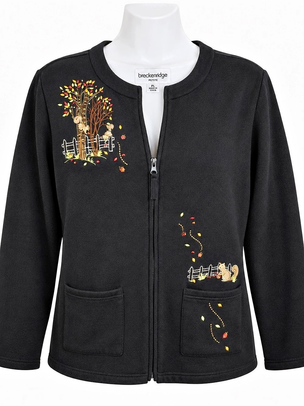 Breckenridge Petite PL Black Embroidered Fall Zip Front Jacket